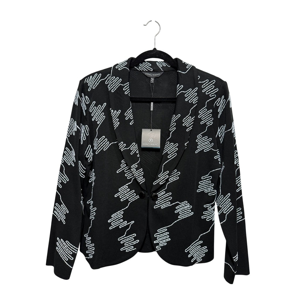 MING WANG Abstract Pattern Blazer Jacket Womens PM Black White Art Elegant Chic